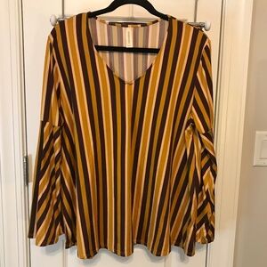 Peppermint brown & gold vertical striped v-neck top with flared sleeves (L)
